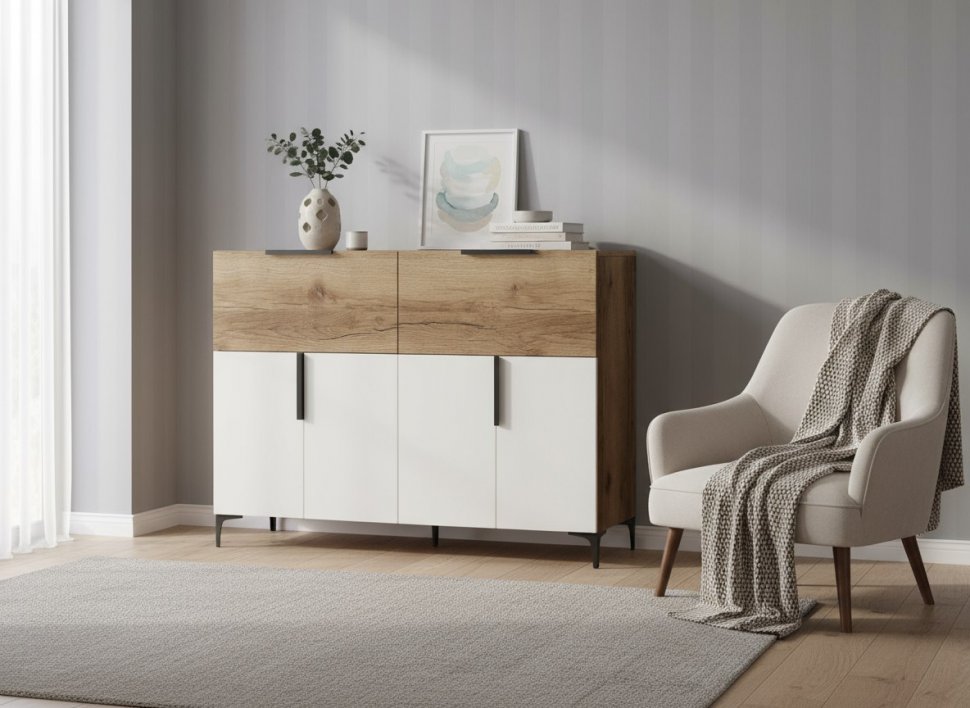 Харди комод высокий Дуб Делано Темный / Супермат Джелато