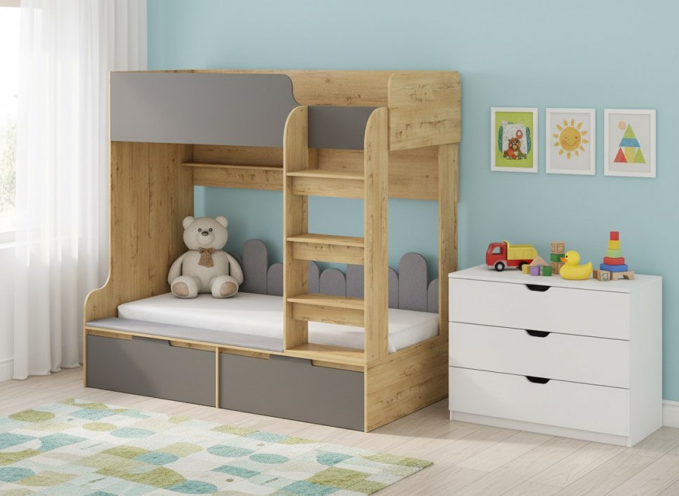 Бруно Чердак-кровать / Дуб Вотан / Серый Графит 