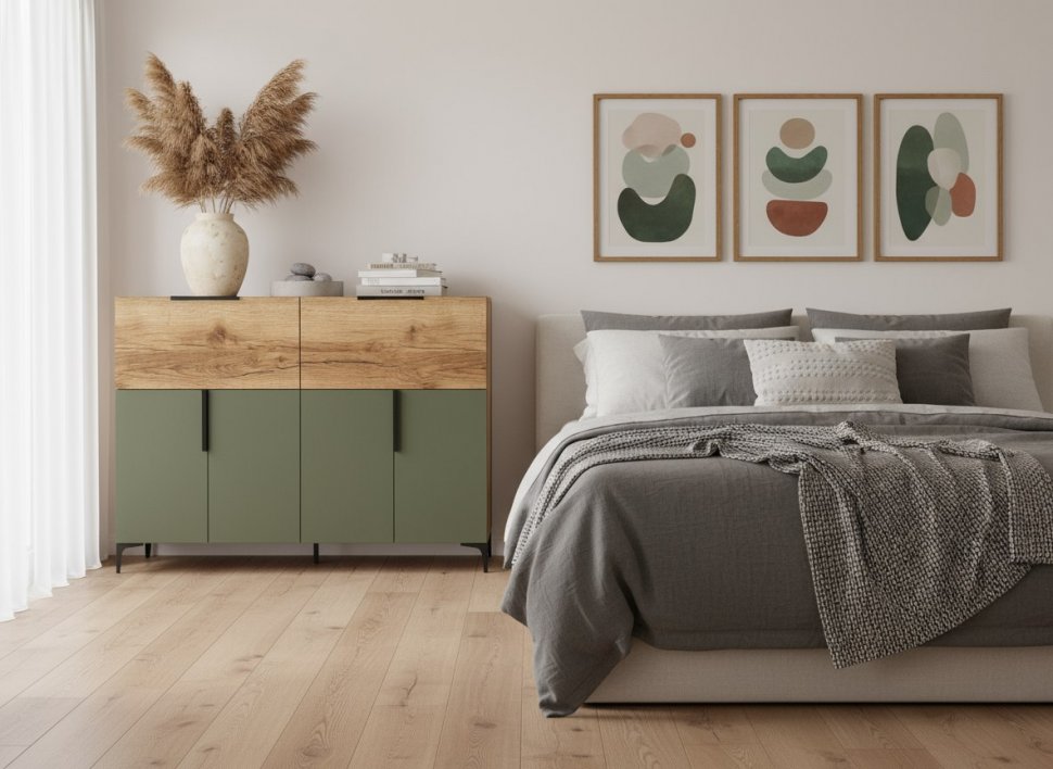 Харди комод высокий Дуб Делано Темный / Грин софт