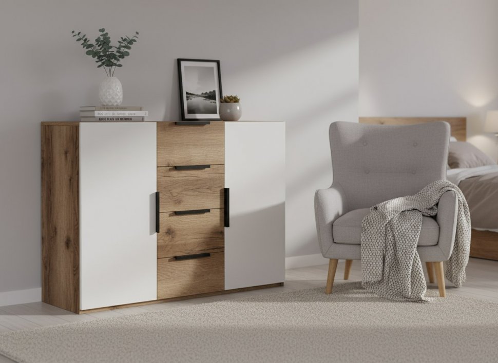 Харди комод широкий Дуб Делано Темный / Супермат Джелато