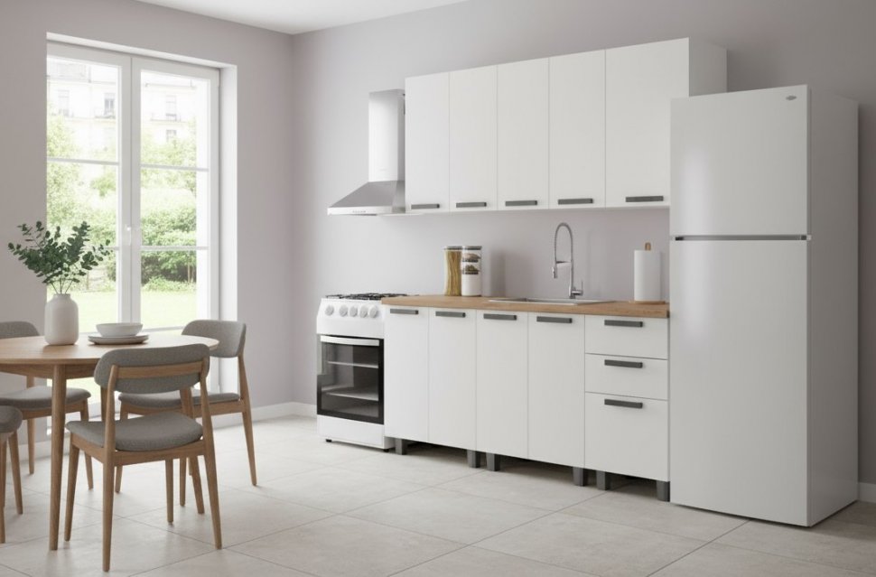 Кухня Аленушка 1,6м Магнолия Молочный/Молочный,скоба черный,черный