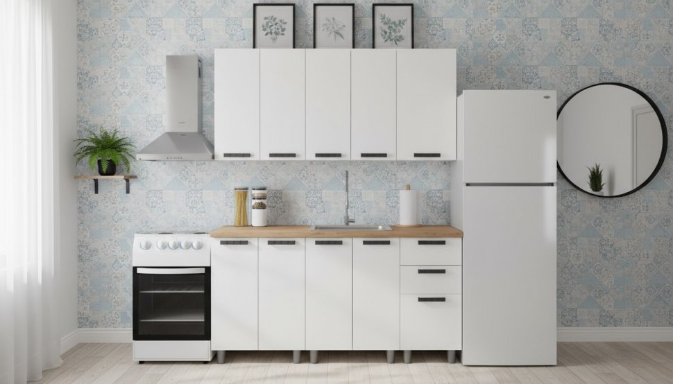 Кухня Аленушка 1,6м Магнолия Молочный/Молочный,скоба черный,черный