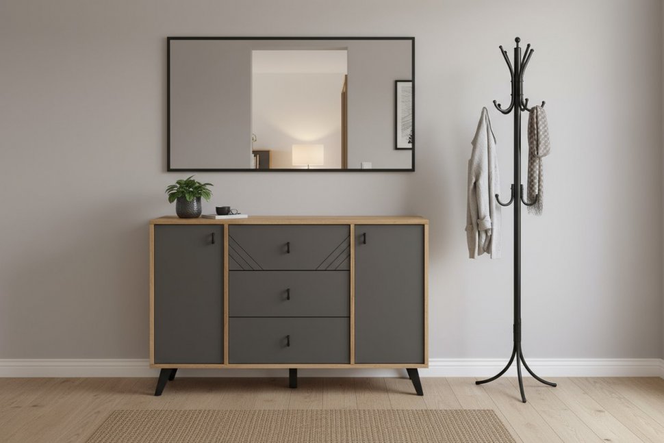 Комод 3 ящика двухстворчатый Байкал, Дуб Золотой, Графит