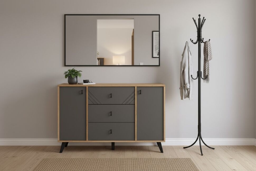 Комод 3 ящика двухстворчатый Байкал, Дуб Золотой, Графит