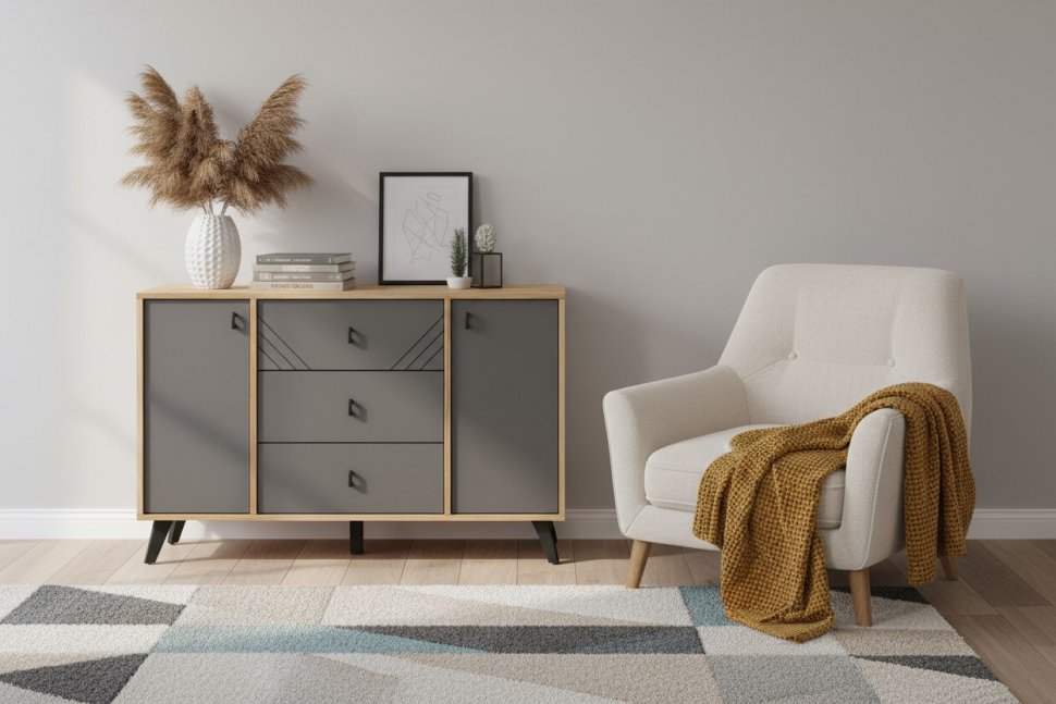 Комод 3 ящика двухстворчатый Байкал, Дуб Золотой, Графит