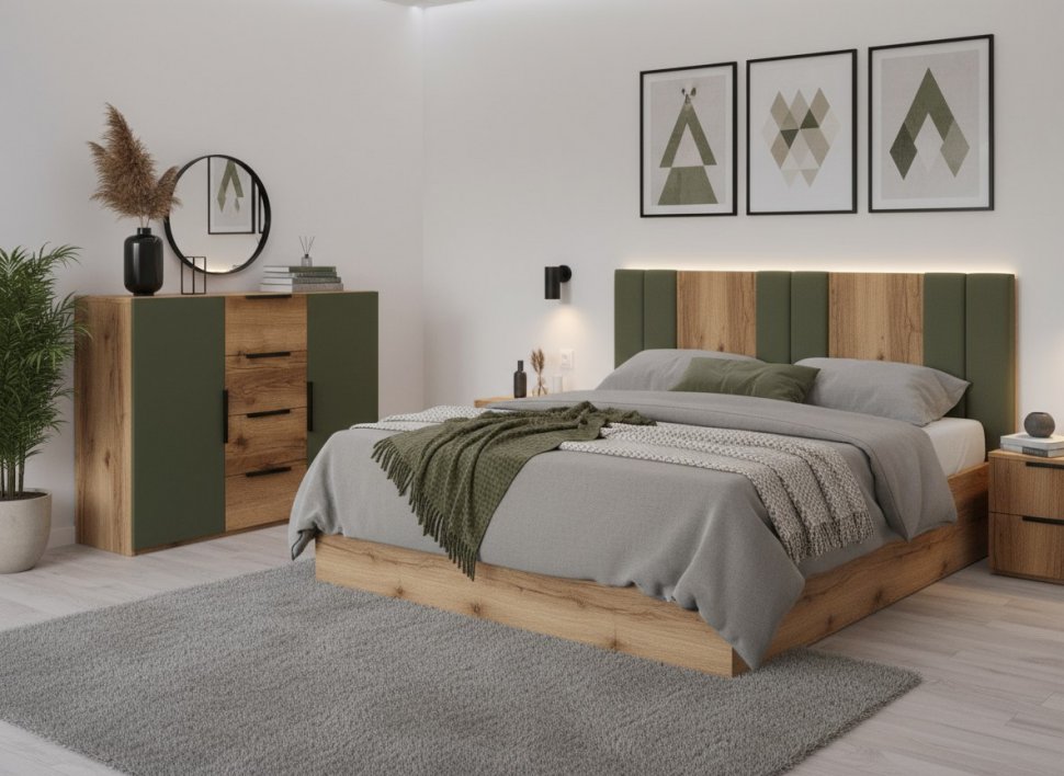 Харди комод широкий Дуб Делано Темный / Грин софт