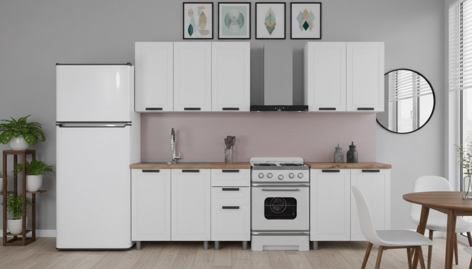 Кухня Аленушка 2 м Лилия Молочный/Молочный,скоба черный,сонома