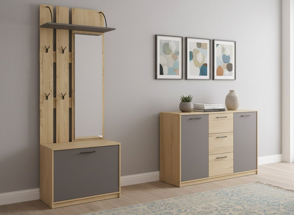 Бруно Вешалка с зеркалом Дуб Вотан / Серый графит