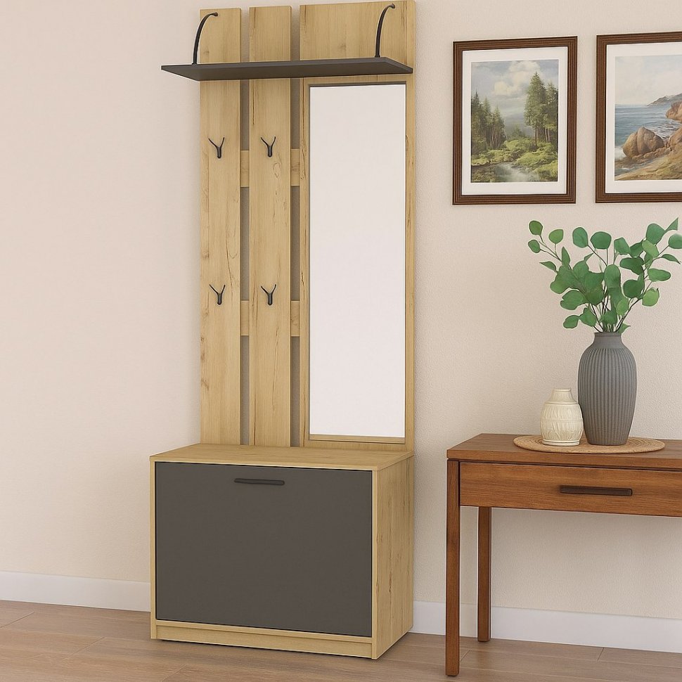 Бруно Вешалка с зеркалом Дуб Вотан / Серый графит