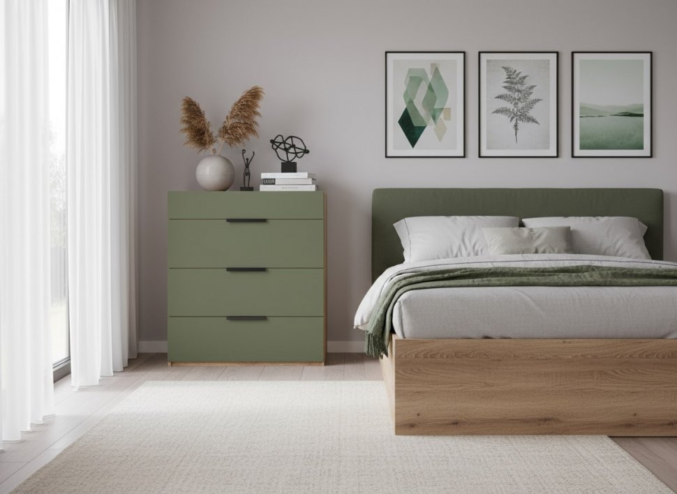 Харди комод с 4 ящиками Дуб Делано Темный / Грин софт