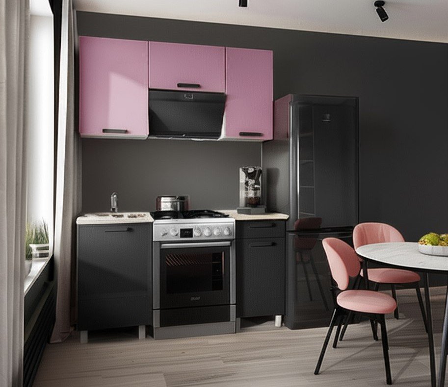 Кухня Осло 1,5 м с окапом, Карбон Сакура, Карбон Вулкан