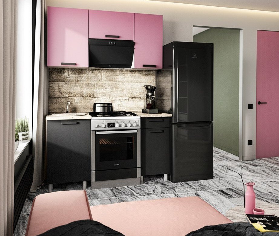 Кухня Осло 1,5 м с окапом, Карбон Сакура, Карбон Вулкан