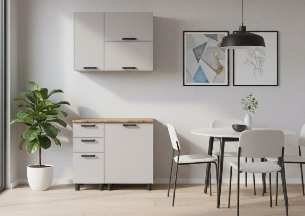 Кухня Аленушка 1м с 3 ящ. Магнолия Кашемир,скоба черный,сонома