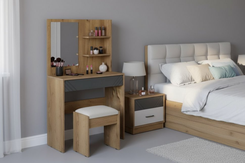 Стол туалетный с зеркалом Байкал, Дуб Золотой, Графит