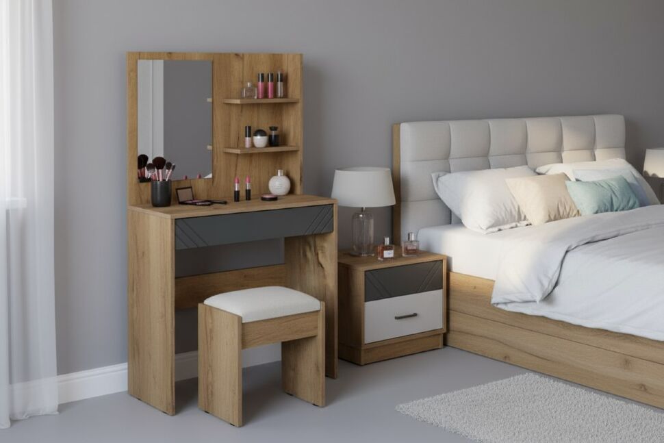 Стол туалетный с зеркалом Байкал, Дуб Золотой, Графит