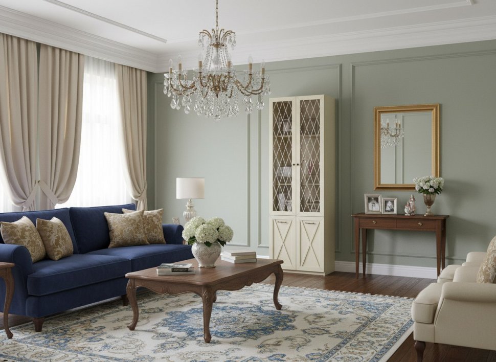 Бэль Шкаф двухдверный со стеклом (задняя стенка зеркало) / Слоновая кость