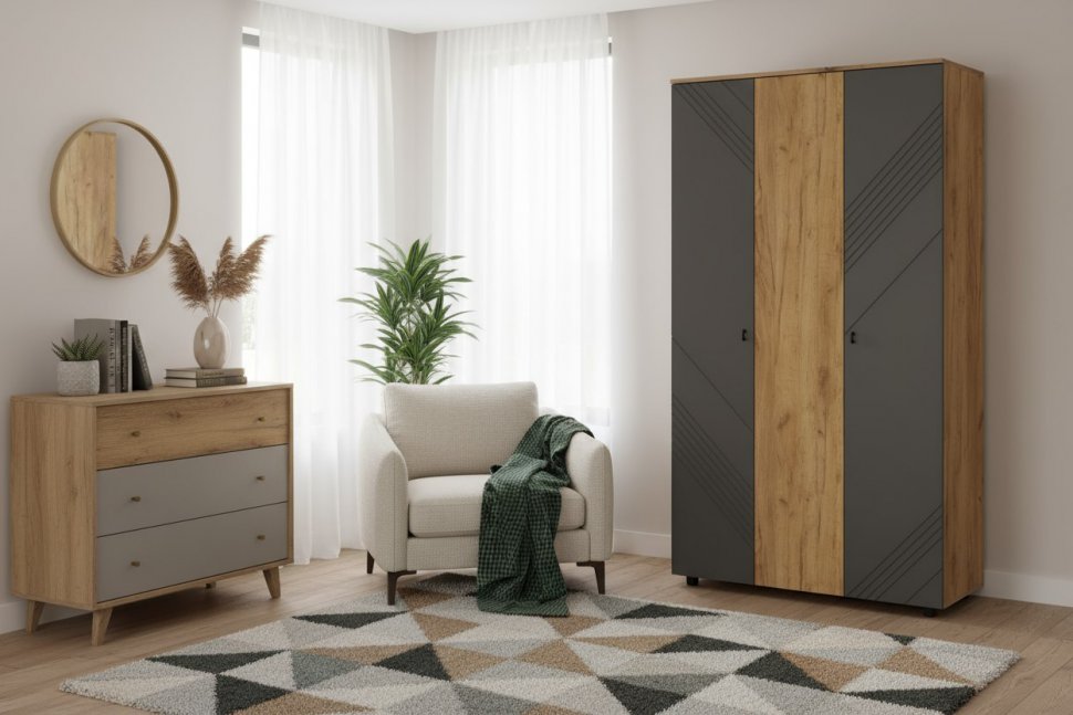 Шкаф трехстворчатый Байкал, Дуб Золотой, Графит