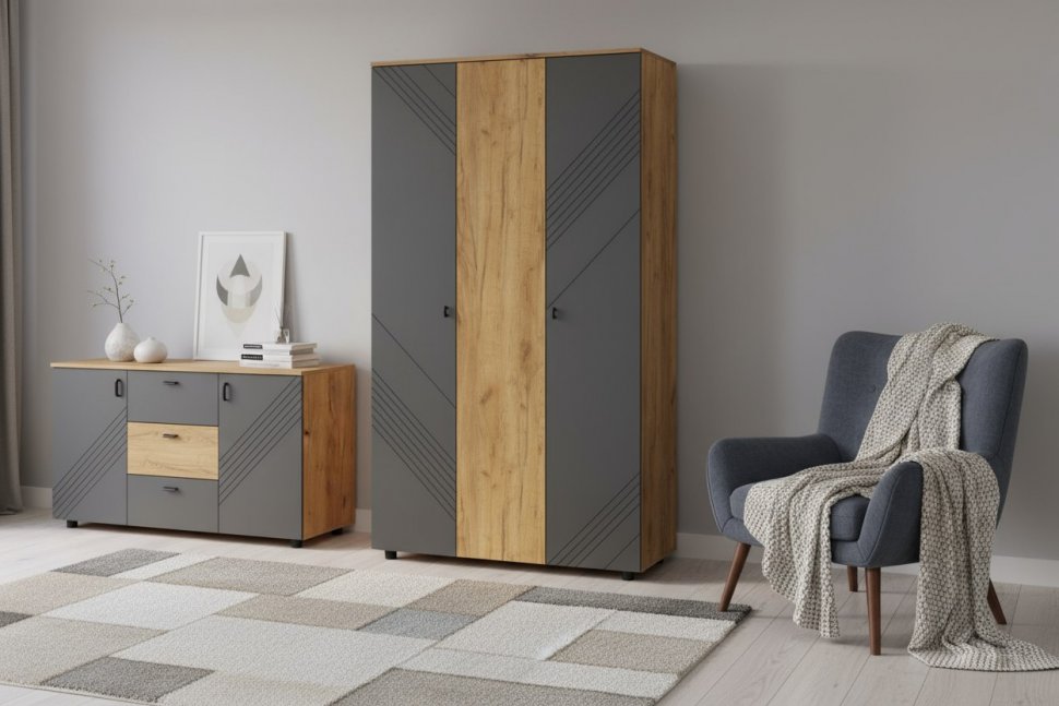 Шкаф трехстворчатый Байкал, Дуб Золотой, Графит