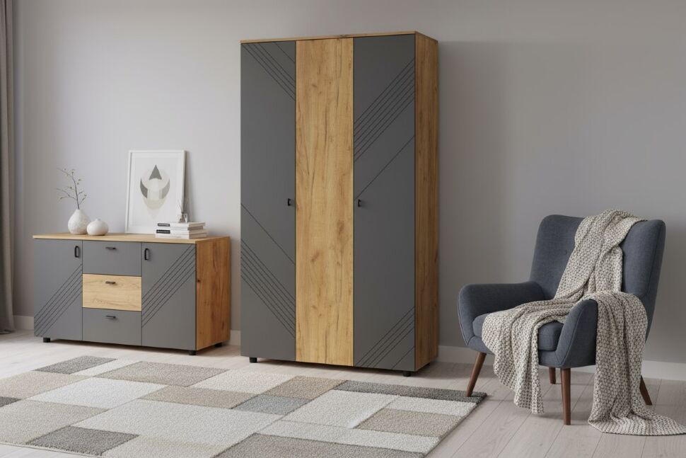 Шкаф трехстворчатый Байкал, Дуб Золотой, Графит