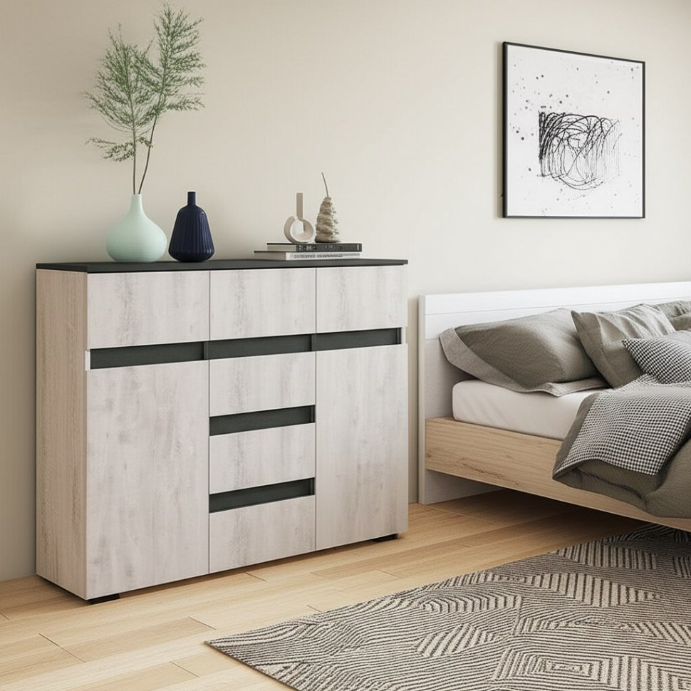 Комод комбинированный Мрия КМ-15, Бетон пайн светлый, графит