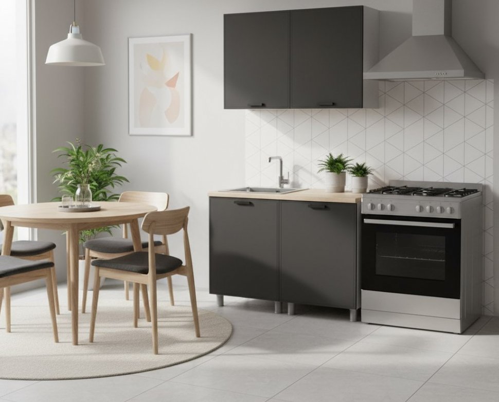 Кухня Аленушка 1,2м Магнолия Сталь,скоба черный,сонома