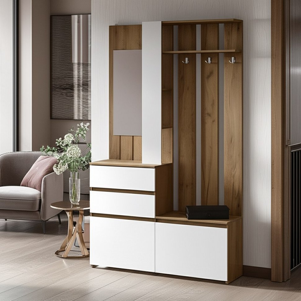 Вешалка с зеркалом Некст 1, Дуб золотой, Белый