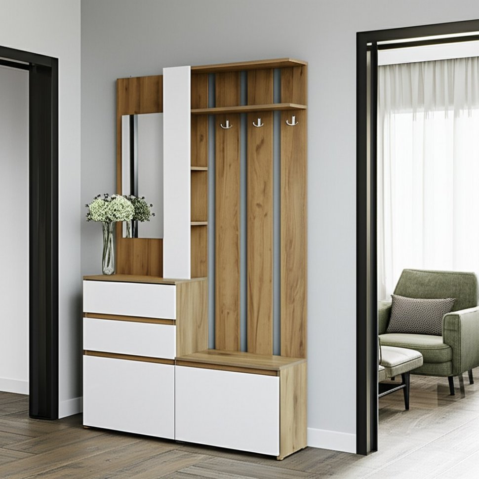 Вешалка с зеркалом Некст 1, Дуб золотой, Белый