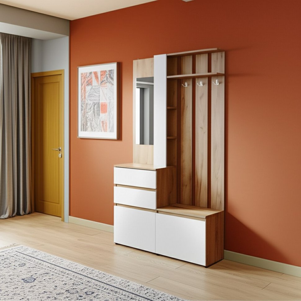 Вешалка с зеркалом Некст 1, Дуб золотой, Белый