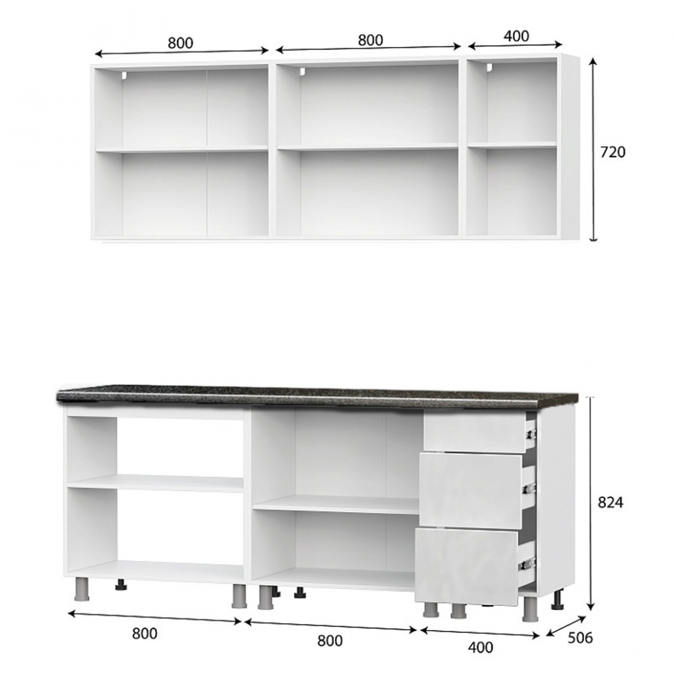 Кухня "Модерн New" 2 м (со столешницей 26 мм) Белый/Белый глянец/Черный