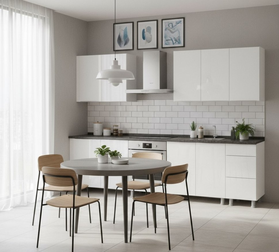 Кухня "Модерн New" 2 м (со столешницей 26 мм) Белый/Белый глянец/Черный