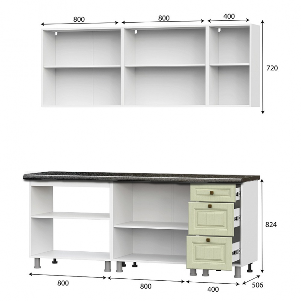 Кухонный гарнитур "Прованс" 2 м (со столешницей 26 мм)Серия 2Белый/Фисташковый текстурный/Черный