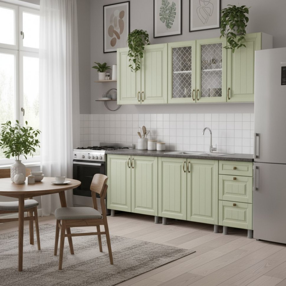 Кухонный гарнитур "Прованс" 2 м (со столешницей 26 мм)Серия 2Белый/Фисташковый текстурный/Черный