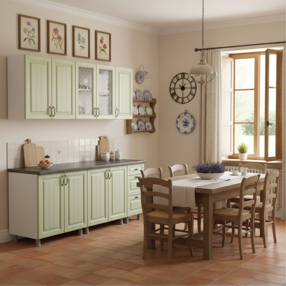 Кухонный гарнитур "Прованс" 2 м (со столешницей 26 мм)Серия 2Белый/Фисташковый текстурный/Черный