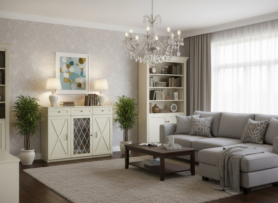 Бэль Комод широкий со стеклом / Слоновая кость