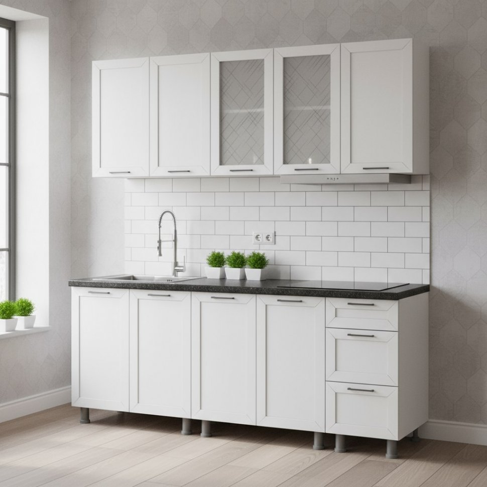 Кухонный гарнитур "Вектор" 2 м (со столешницей 26 мм) Белый/Бланж/Бланж/Черный