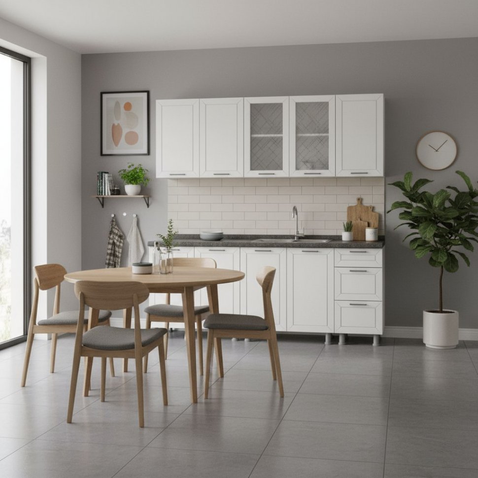 Кухонный гарнитур "Вектор" 2 м (со столешницей 26 мм) Белый/Бланж/Бланж/Черный