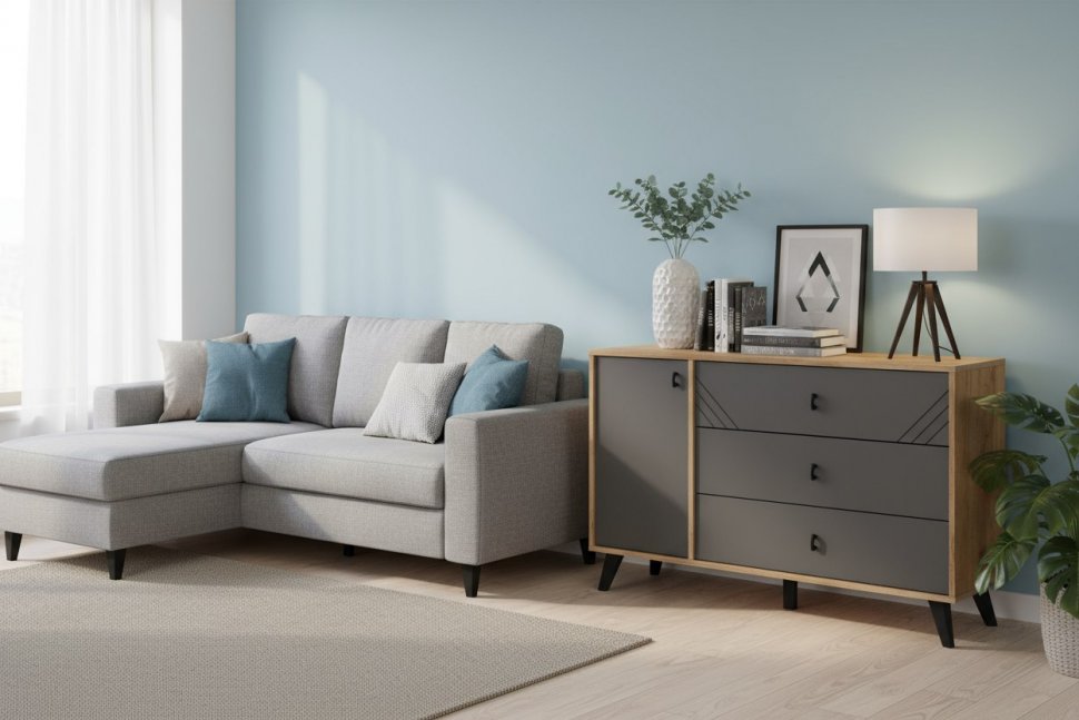 Комод 3 ящика Байкал (со створкой), Дуб Золотой, Графит