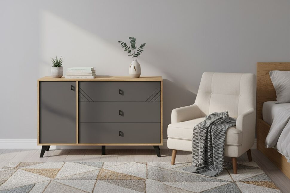 Комод 3 ящика Байкал (со створкой), Дуб Золотой, Графит