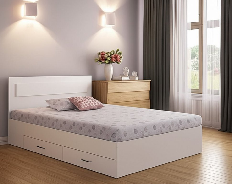 Кровать двойная с ящиками Бали, Белый шагрень