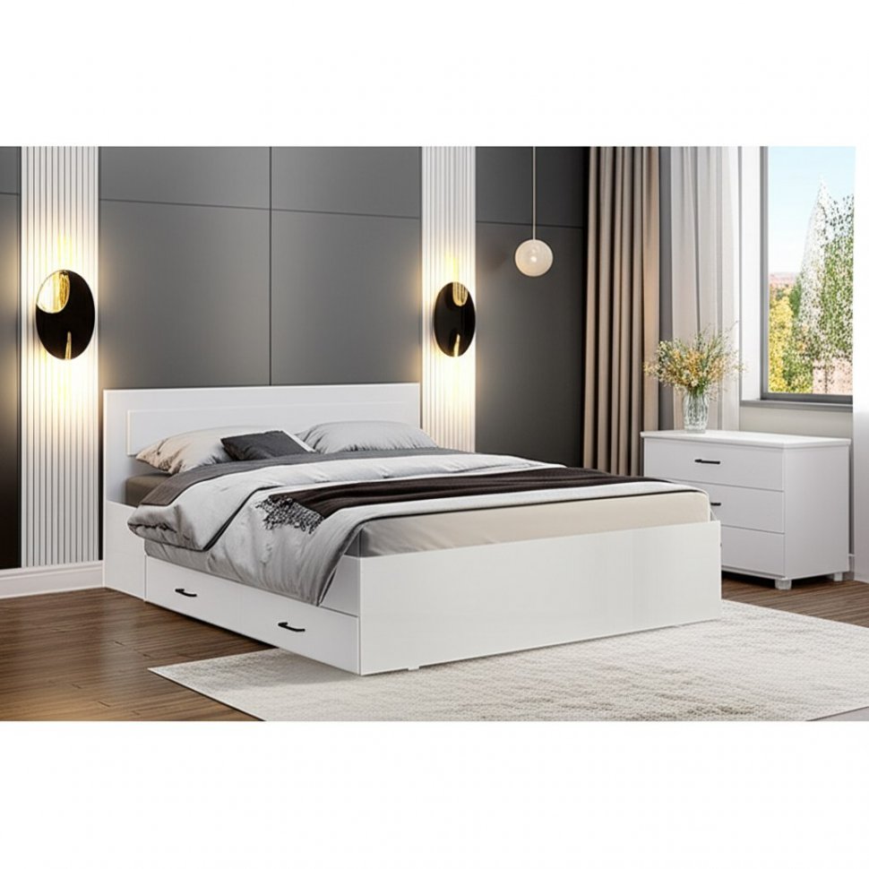 Кровать двойная с ящиками Бали, Белый шагрень