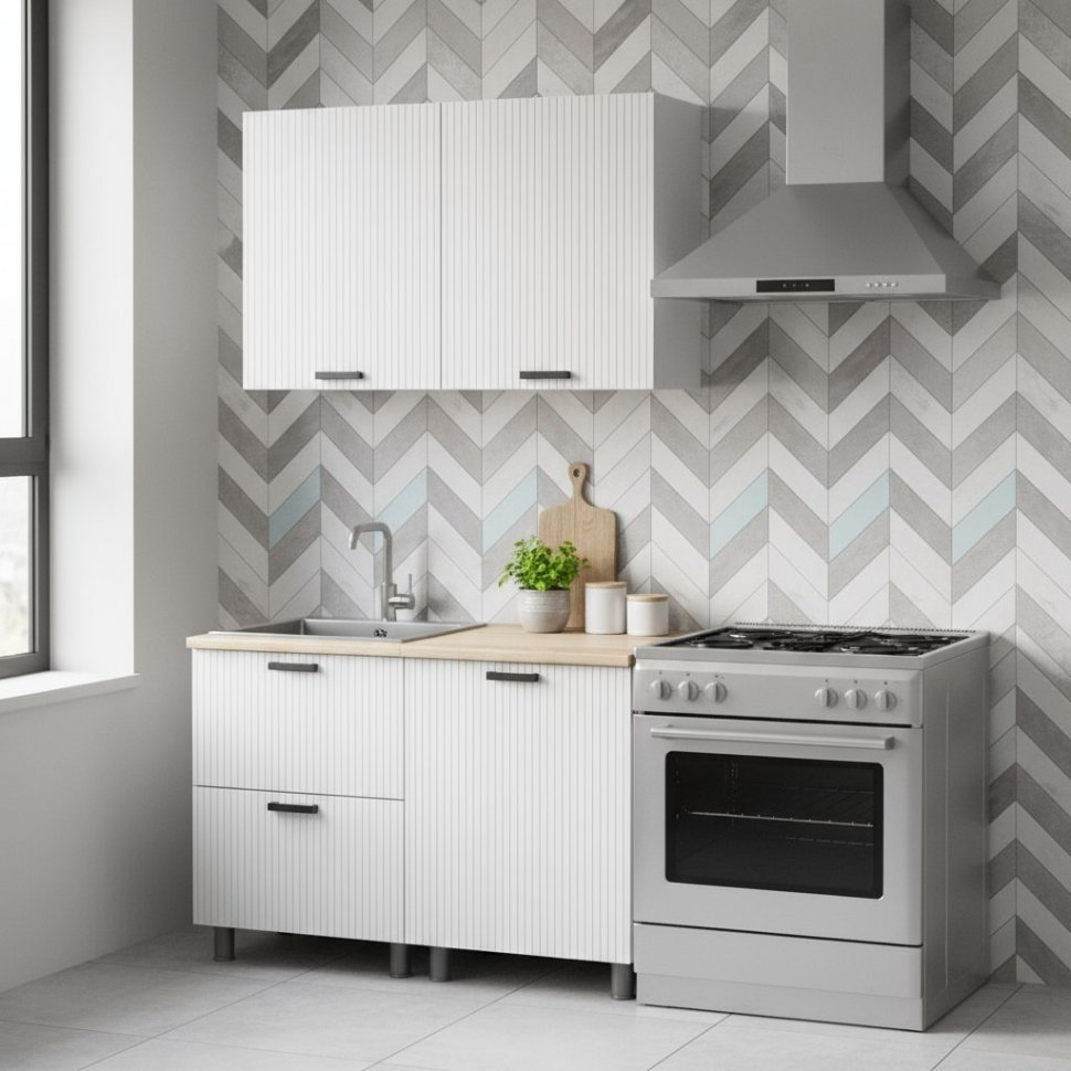 Кухня Аленушка 1,2м с ящ. Лотос Молочный,скоба антрацит,сонома