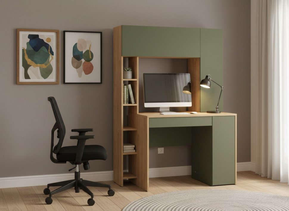 Комфорт Стол компьютерный 12.71 Гикори Рокфорд натуральный / Дымчатый зеленый