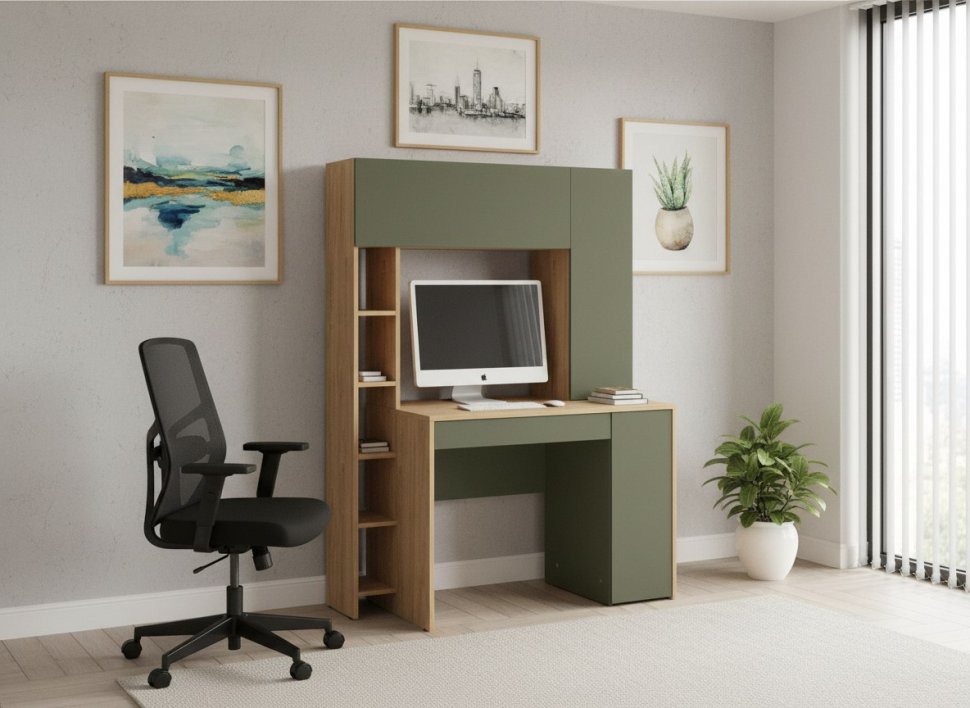 Комфорт Стол компьютерный 12.71 Гикори Рокфорд натуральный / Дымчатый зеленый